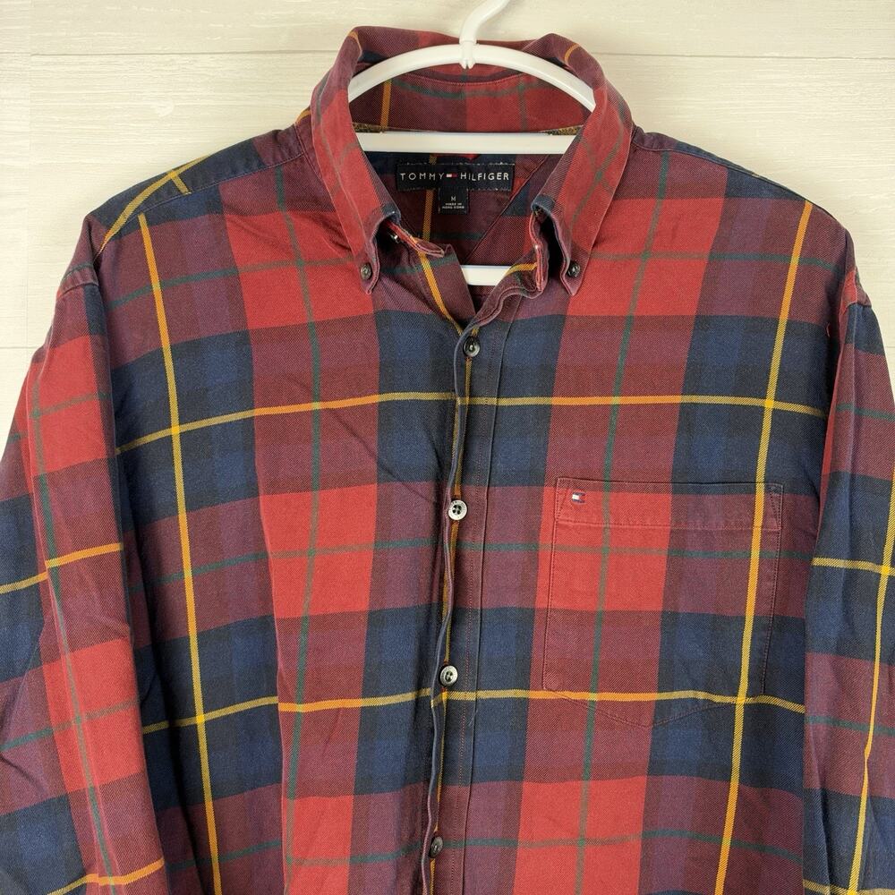 Vintage Tommy Hilfiger Mens M Plaid Button Down Shirt Red Navy Yellow 90s Style